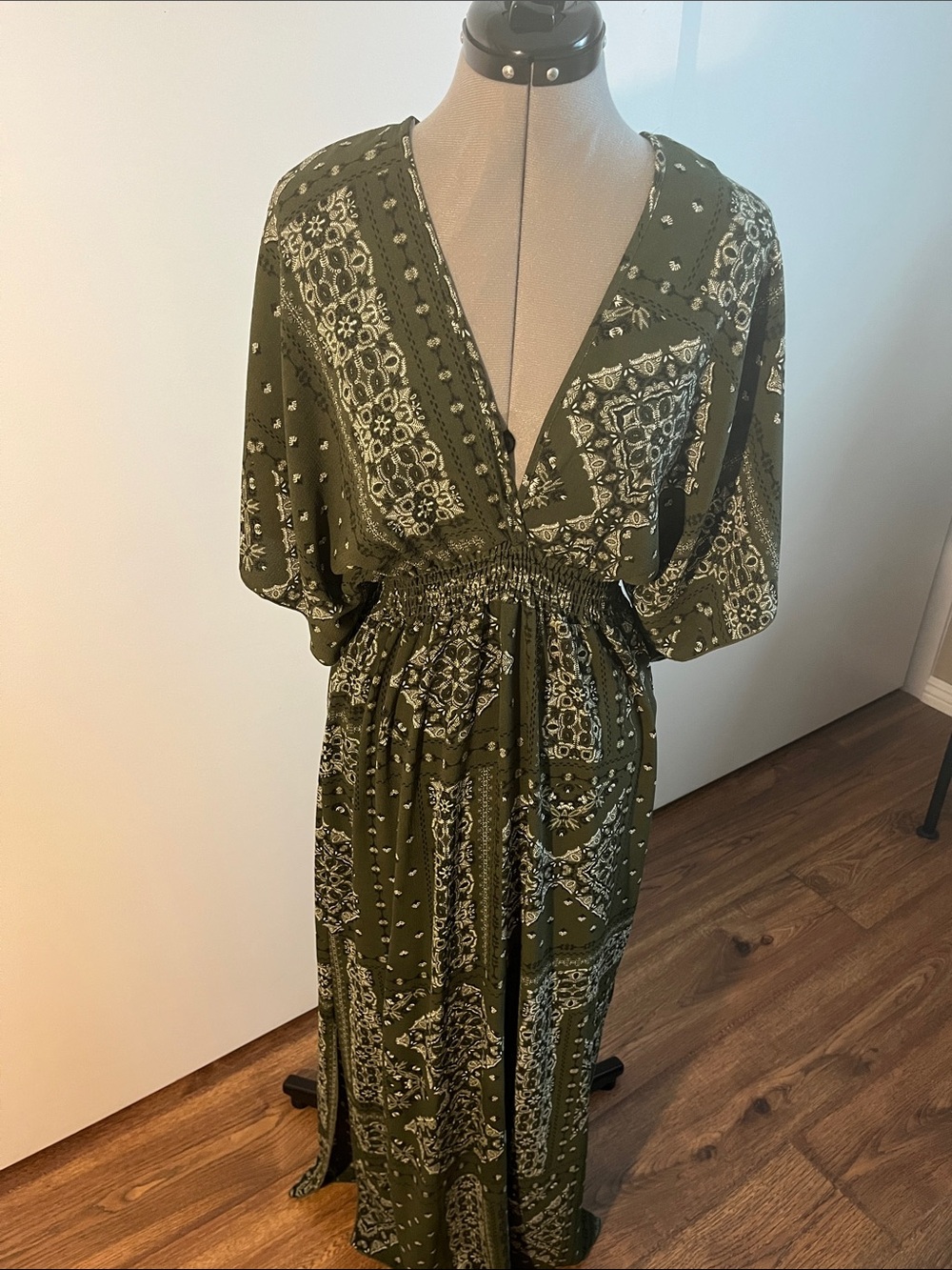 Bohemian Olive Green Maxi Dress with Smocked Waist